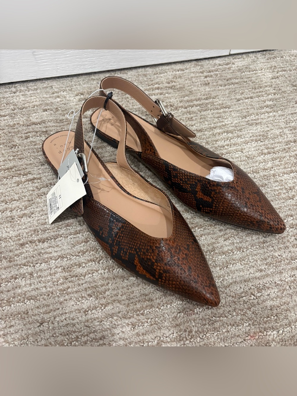 NWT A New Day Women's Pointed Toe Brown Snake Print Slingback Flats - Size 11